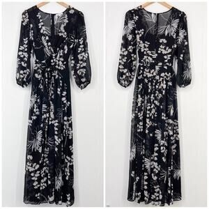 Calvin Klein Floral Maxi Dress Chiffon Lined Flowy Feminine Size 8 Black White